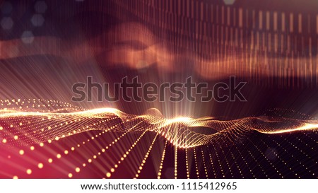 3d rendering, science fiction background of glowing particles with depth of field and bokeh. Particles form line and surface grid. microcosm or space. Red gold v32