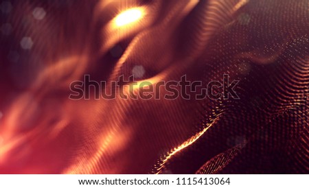 3d rendering, science fiction background of glowing particles with depth of field and bokeh. Particles form line and surface grid. microcosm or space. Red gold v76