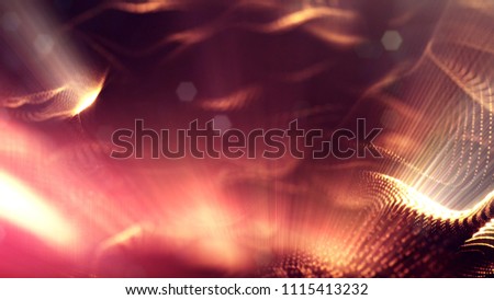 3d rendering, science fiction background of glowing particles with depth of field and bokeh. Particles form line and surface grid. microcosm or space. Red gold v43