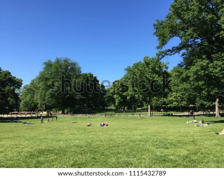 NEW YORK - JUNE 12, 2018: People in Central park on sunny day in Manhattan with buildings in background.