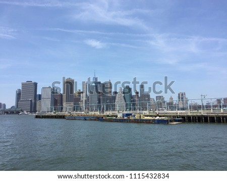 New York City skyline with view of Financial District in lower Manhattan, Freedom Tower