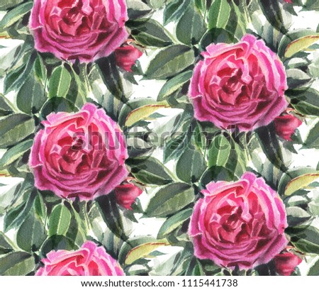 Seamless pattern with watercolor flowers. Red  Dog rose.  Hand-drawn illustration. 