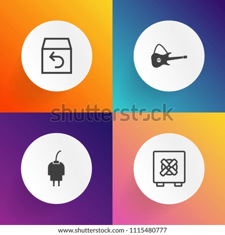 Modern, simple vector icon set on gradient backgrounds with shipping, connection, return, music, cable, power, musical, storage, package, safety, guitar, delivery, charge, banking, truck, mobile icons