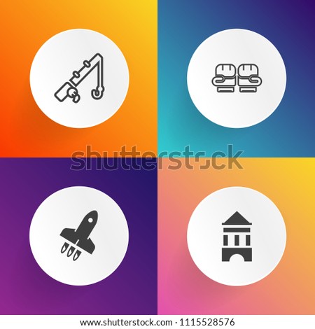 Modern, simple vector icon set on gradient backgrounds with tackle, internet, training, competition, rocket, communication, technology, radio, rod, spaceship, reel, punch, leisure, wireless, fly icons