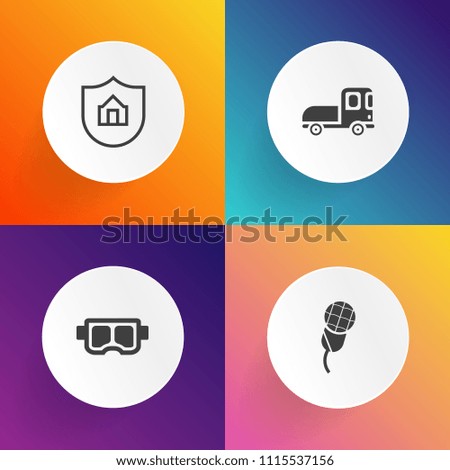 Modern, simple vector icon set on gradient backgrounds with performance, goggles, truck, trailer, studio, music, summer, safety, record, snorkeling, home, care, vehicle, travel, karaoke, sport icons
