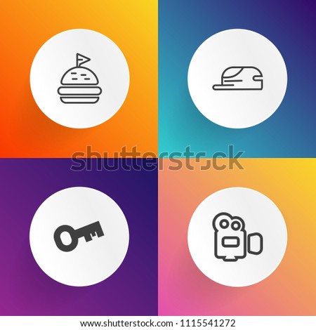 Modern, simple vector icon set on gradient backgrounds with film, record, house, modern, camera, object, lens, meal, fashion, clothing, sandwich, lock, movie, cheese, door, hat, safe, key, slice icons