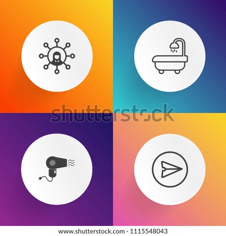 Modern, simple vector icon set on gradient backgrounds with white, house, bath, display, send, cellphone, hairdryer, modern, beauty, barber, smartphone, hair, technology, website, room, mirror icons