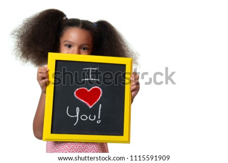 Cute african american small girl holding an I love you sign - Isolated on white