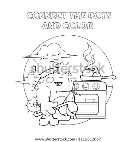 Connect the dots game for children. Grumpy pink monster cooks dinner.