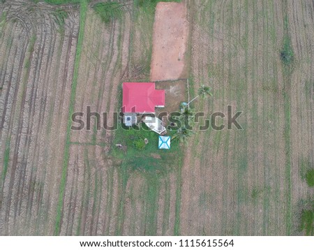 An aerial picture of a house in the middle of paddy field.