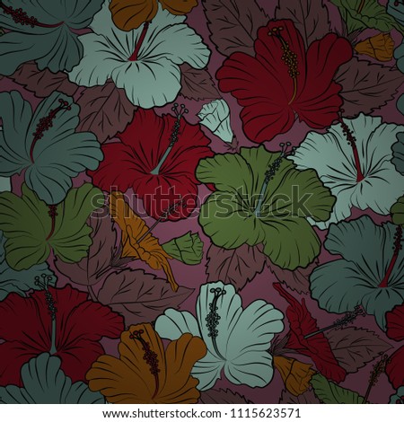 Hand painted illustration in brown and red colors. Vector tropical leaves and brown and red flowers seamless pattern.