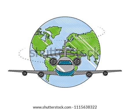 airplane flying with world planet earth
