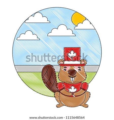 beaver of canada with hat and landscape isolated icon