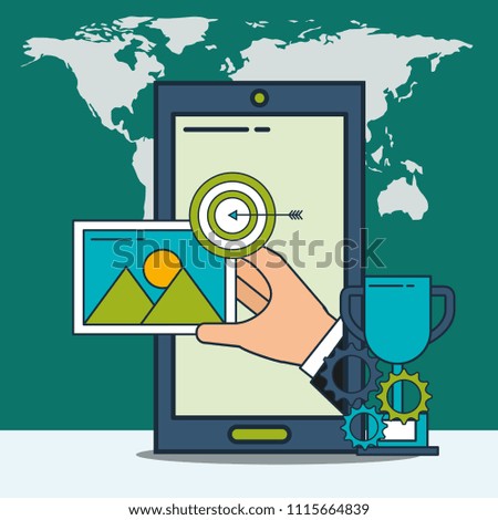 smartphone hand with target photo and trophy digital marketing