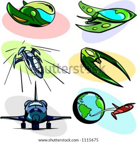 A set of 6 vector illustrations of alien spaceships and shuttles.