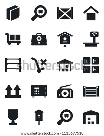 Set of vector isolated black icon - safe vector, checkroom, bird house, doctor case, container, fragile, cargo, warehouse storage, up side sign, no trolley, heavy scales, search, rack, radio