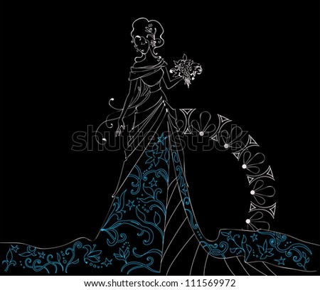 Ornate Bride  Silhouette hand drawing vector  with bouquet