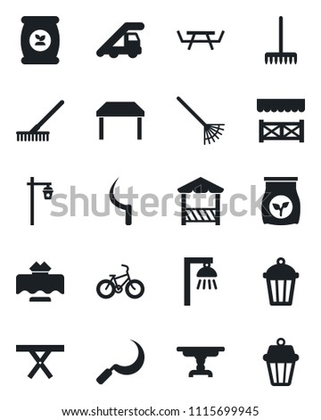 Set of vector isolated black icon - ladder car vector, rake, sickle, garden light, picnic table, fertilizer, bike, restaurant, alcove, outdoor lamp