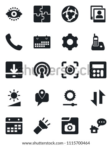 Set of vector isolated black icon - mobile tracking vector, radio phone, call, settings, calculator, network, calendar, data exchange, download, torch, brightness, eye id, photo gallery, application