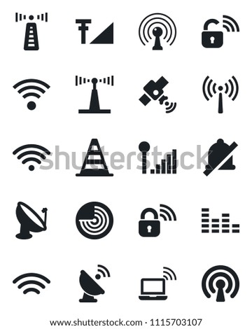 Set of vector isolated black icon - antenna vector, wireless notebook, border cone, radar, satellite, equalizer, mute, cellular signal, lock