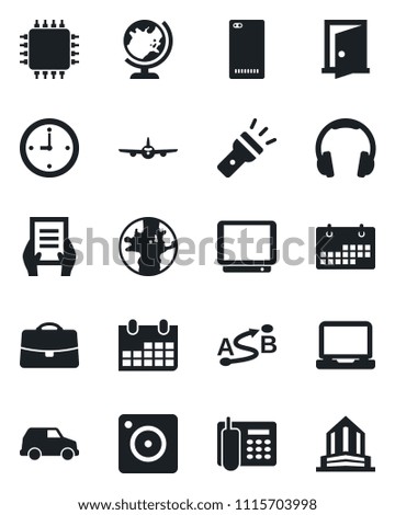 Set of vector isolated black icon - globe vector, plane, document, calendar, earth, route, tv, headphones, laptop pc, phone back, mobile camera, torch, case, clock, office, chip, door, car, building