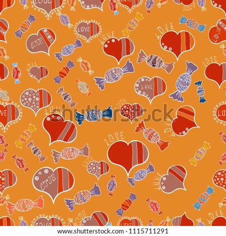 On orange, brown and white colors. Candy vector doodle. Seamless pattern with watercolor sweets candies.