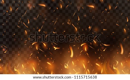 Red Fire sparks vector flying up. Burning glowing particles. Flame of fire with sparks in the air over a dark night. Firestorm texture. Isolated on a black transparent background.