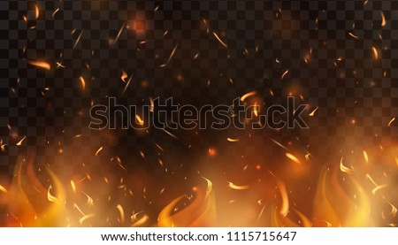 Red Fire sparks vector flying up. Burning glowing particles. Flame of fire with sparks in the air over a dark night. Firestorm texture. Isolated on a black transparent background. Royalty-Free Stock Photo #1115715647