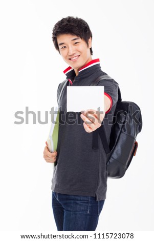 Young Asian stdudent showing card isolated on white background.