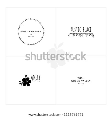Vector set of floral hand drawn logo templates in elegant and minimal style. Illustrations with a text samples. For badges, labels, logotypes and branding business identity.