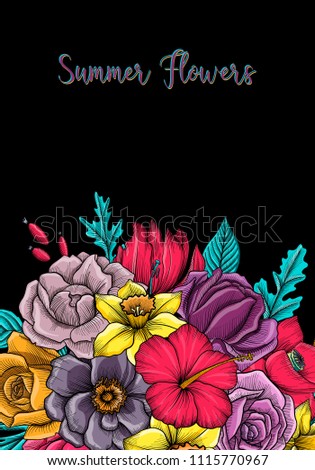 vintage vector floral template with rose flowers and leaves, hand drawn background for cover design, flyer or gift crad