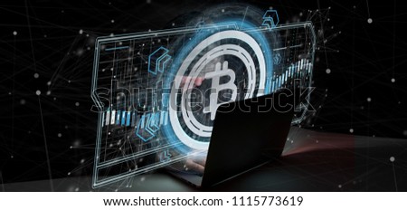 Hacker man holding a technology Bitcoin icon on a circle 3d rendering