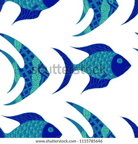 Fish. Seamless Pattern with Colorful Fish Hand Drawn in Comic Style. Sea Pattern for Paper, Chintz, Print. Bright Simple Texture in Trendy Colors. Vector Illustration.
