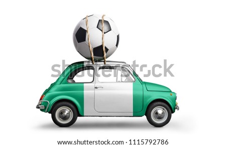 Nigeria flag on car delivering soccer or football ball isolated on white background
