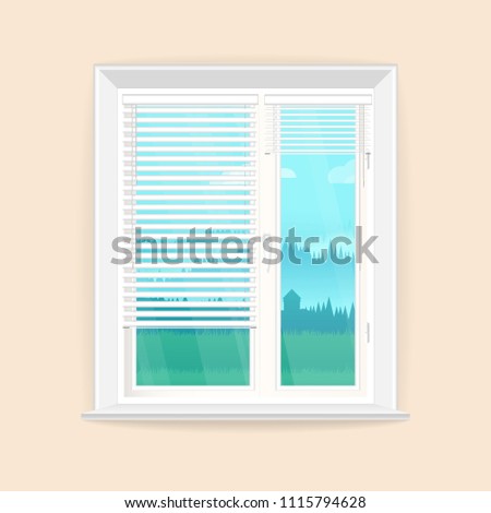 Illustration with window in realistic style and the rustic landscape outside the window. Vector background.