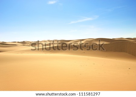 Gold desert in sunset. Canary Islands, Canaries. Grand Canary. Maspalomas, Resort Town. Royalty-Free Stock Photo #111581297