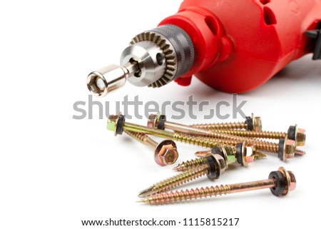 Close up HEX Drive magnetic drill bit socket driver (8mm) for roof screw install with red electric drill isolated on white background.