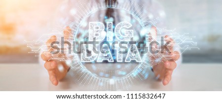 Businessman on blurred background using Big Data digital hologram 3D rendering