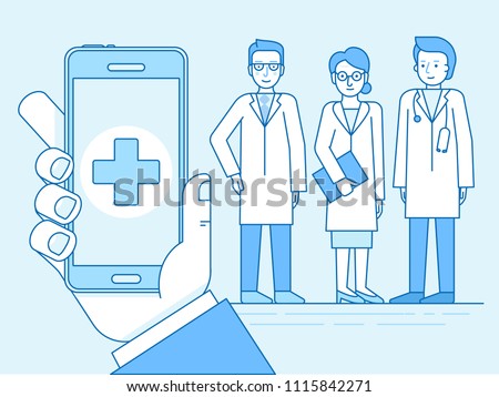 Vector illustration in linear flat style and blue colors - online and tele medicine concept -  online consultation with doctors -hand holding mobile phone with app and medical team