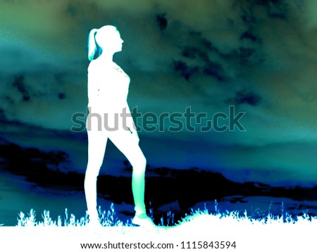Yoga practicing emotional concept art. Silhouette on vintage tone sunset light. Surreal Twilight colorful, vintage filter effect. Pastel tone, colors. Good looking background. Copy space. 