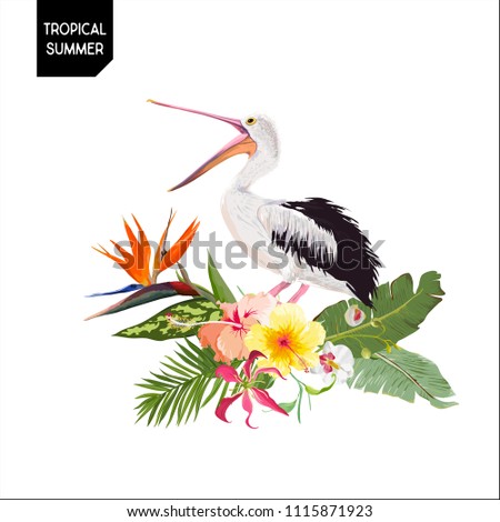 Tropical Summer Design with Pelican Bird and Exotic Flowers. Waterbird with Tropic Plants and Palm Leaves for T-shirt, Print. Vector illustration