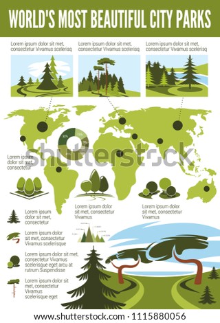 Landscape design infographic with world map of most beautiful city park and garden. Pie chart and graph with landscaping and gardening service statistics, supplemented by green tree and plant icon