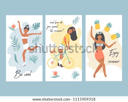 Summer posters with hawaiian girls. Set of vintage cards. Suitable for prints, greeting cards, social blogs, media