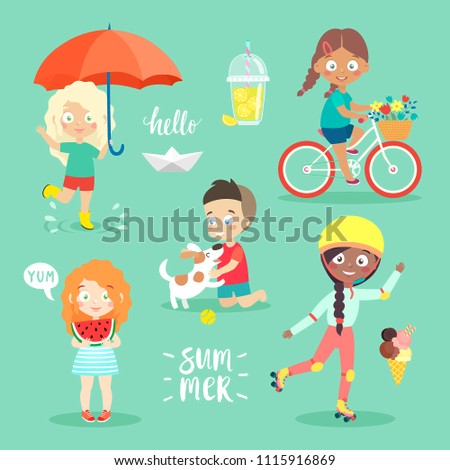 Summer Kids set, riding bicycle, playing and having fun. Vector illustration.