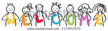 Smiling group of stick figures holding colorful letters, men and women, WELCOME, isolated on white background Royalty-Free Stock Photo #1115953925
