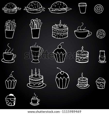 vector hand drawn food and meal on black background