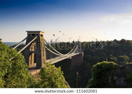 Clifton suspension bridge and Balloon Fiesta, Bristol, UK Royalty-Free Stock Photo #111602081