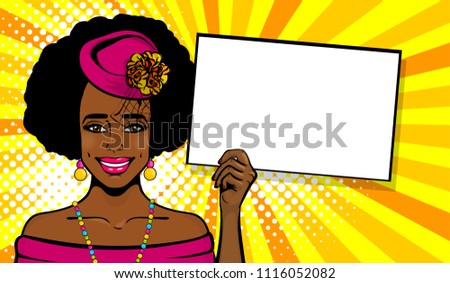 Elegance pop art woman wow face. Black african girl in hat hold empty speech bubble. Comic text balloon box. 