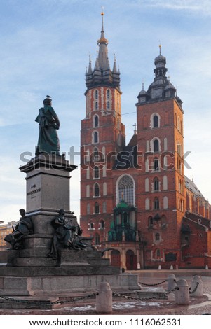 Saint Mary's Church view from Rynek Glowny Old Market square of Krakow, Poland