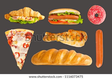 Set of fast food. Donut, sausage, croissant with ham and cheese, hot-dog, chicken leg, pizza and white loaf on dark gray background.